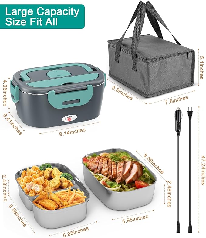 Geveniss Electric Lunch Box for Adults, Heated Lunch Box for Car and Truck, Portable Food Warmer for Office Work, 80W Fast Heating, Dual Removable 1.5L Stainless Steel Containers