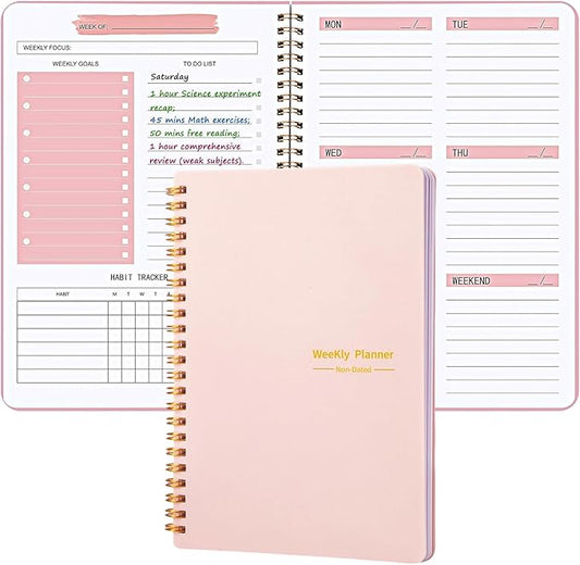 Undated Weekly Planner, A5 Personal Goals Journal Non Dated Weekly Planner to Do List Notebook with Goal Habit Tracker Organizer, Cute Undated Week Planners with Spiral Binding for Kids School Work