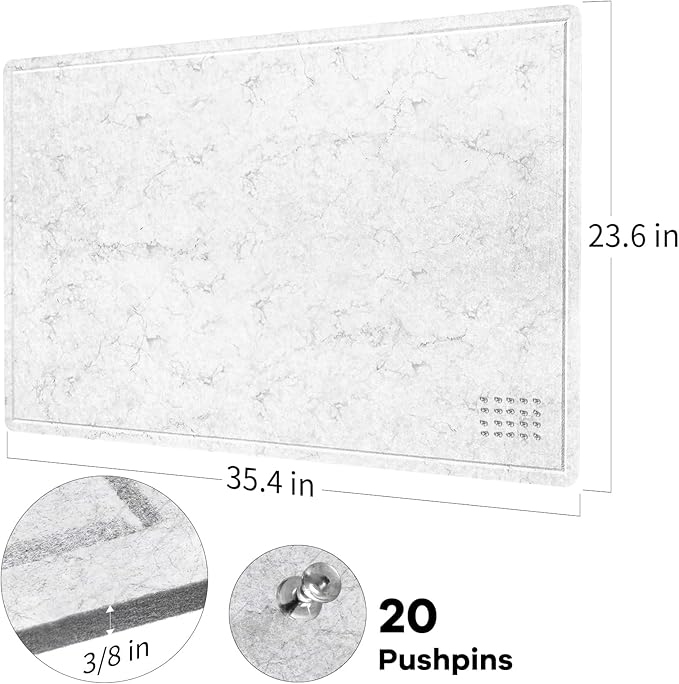 Lightomorrow Bulletin Board, 36 x 24 inches Felt Board - Decorative Pin Board, Cork Board Alternative for Wall, 3' x 2' Foldable Self-Adhesive Vision Board with 20 Pushpins - Marble White