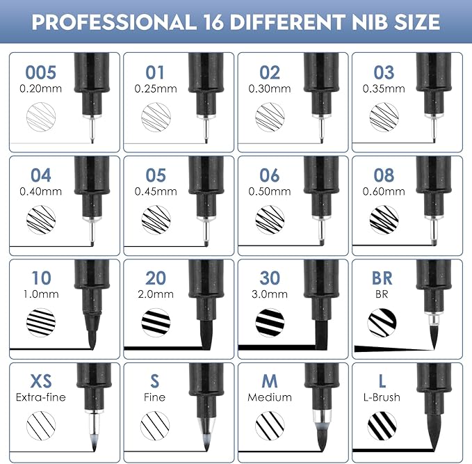 YISAN Black Drawing Art Markers,Micro Fineliner Manga Pens,Calligraphy Pens for Sketching Technical Drawing,16 set 70351