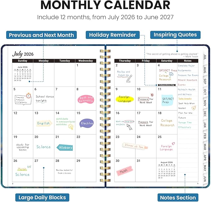 Planner 2026-2027, Academic Planner Weekly and Monthly, Jul 2026 - Jun 2027, Spiral Bound School Planning Tool with Tabs and Pocket, Perfect for Students & Teacher, 6.3" x 8.5", Starlit Peaks