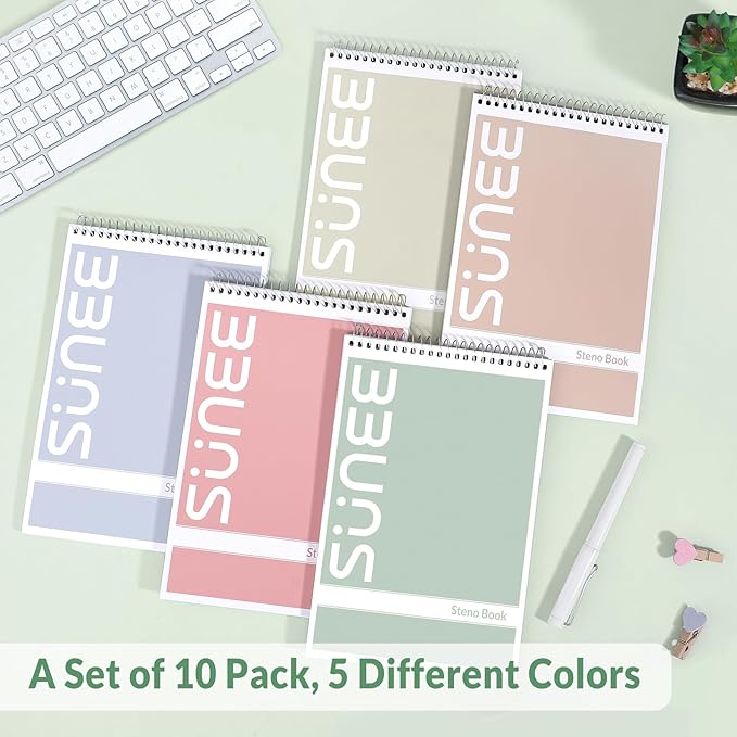 SUNEE Steno Pads 6x9 5 Pack, Gregg Rule, 60 Sheets, White Paper, Take Notes with Top Spiral Notebook, for School, University, College, Work, Office, Classic Color