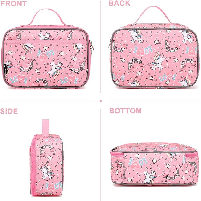 FlowFly Kids Lunch box Insulated Soft Bag Mini Cooler Back to School Thermal Meal Tote Kit for Girls, Boys, Unicorn