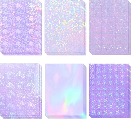 36 Sheets Holographic Sticker Paper, Clear Vinyl Sticker Laminate Film Self-Adhesive, Transparent Overlay Lamination Sticker Paper Waterproof, 6 Patterns-8.5x11 Inch