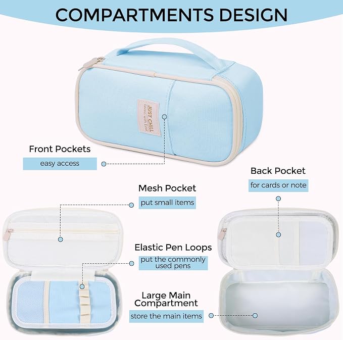 SKYDUE Blue Pencil Case for Girls & Boys – Large Capacity Zippered Pencil Pouch with Multi-Compartment, Aesthetic Pencil Bag for School & Office Supplies
