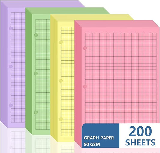 200 sheet Half Letter Graph Paper Refill 3 Hole Punch 5-1/2 x 8-1/2 College Ruled Grid Paper Pad Math Graph Paper Pad Colored Mini Binder Paper Planner Inserts Fits 3 Ring Binders For Office