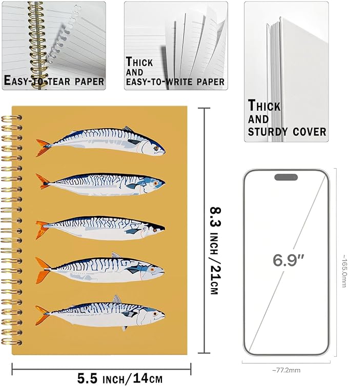 UTELKA Sardine Notebook Journal, Vintage Coastal Ocean Beach fish Journal Spiral Notebook, Retro yellow Notebooks Aesthetic Sardine gifts for Note Taking Office Work Supplies 5.5x8.3