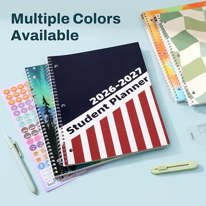 Student Planner 2026-2027, SUNEE Middle or High School Student Planner for Academic Year Jul. 2026 - Jun. 2027, 8.5"×11" Lesson Plan Book with 3-Hole Punched, Bookmark, Planning Stickers, Aurora Sky