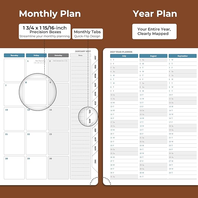 Weekly Monthly 2026-2027 Planner (July 26-Dec 27),11.5"x8.5",18 Months Agenda Plan with Month Tabs & Pocket,Expenses/Note Pages, Academic Calendar with Vegan Leather Cover,Brown