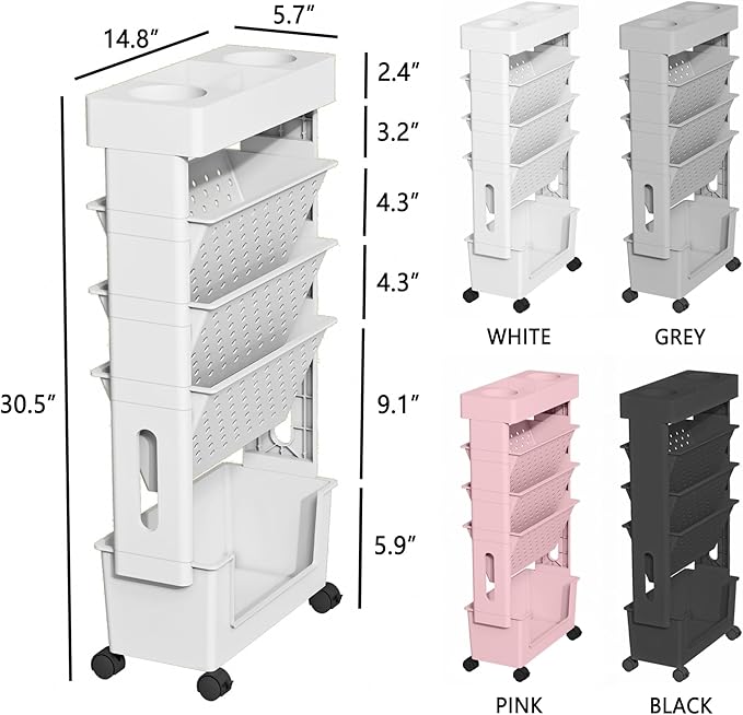 5-Tier Mobile Bookshelf, Rolling Bookcase Book Storage Rack, Movable File Folder Organizer Cart with Wheels for Home Study Office Living Room Classroom, White