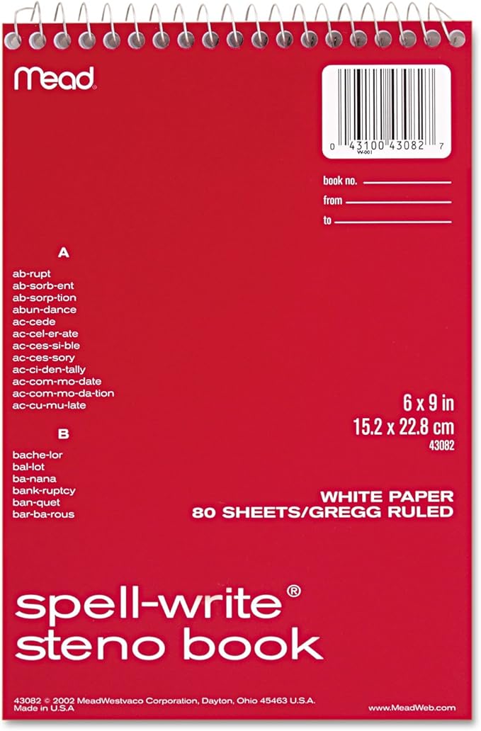 Mead Spell-Write Steno Book, Gregg Rule, 6 x 9 Inches, White, 80 Sheets (MEA43082)