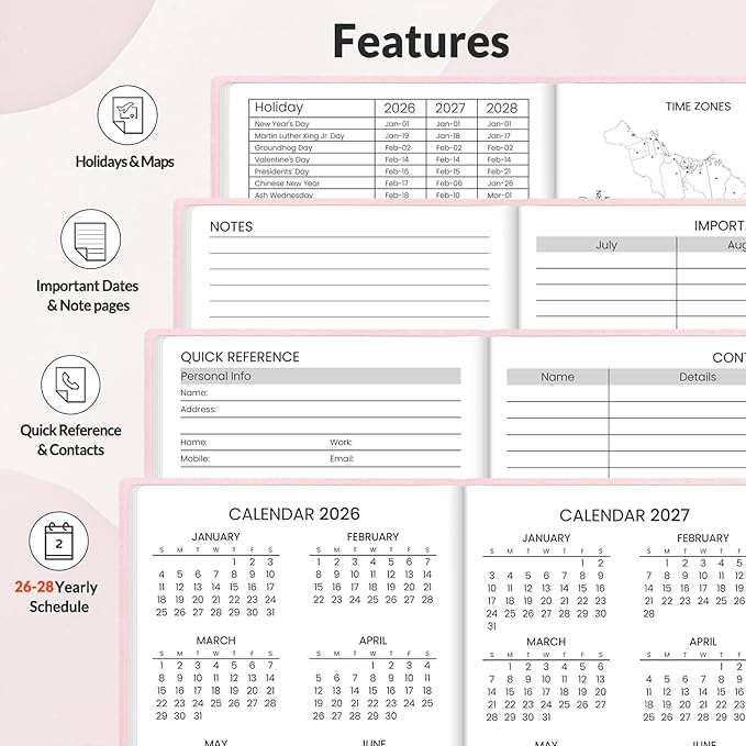 SUNEE 2026-2027 Pocket Weekly Planner for Purse 3.5" x 6" - 12 Month (July 2026 - June 2027) Academic Year Calendar, Pocket Size Planner, Hardcover, Note, 100 GSM Paper, Pink