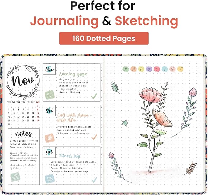 Taja Pretty Dotted Journal for Women, Aesthetic Cute Hardcover Leather Journal for Writing, A5 Journaling Notebook for Work & Sketch, Perfect for Office School Home, 160 Pages, Petite Blooms