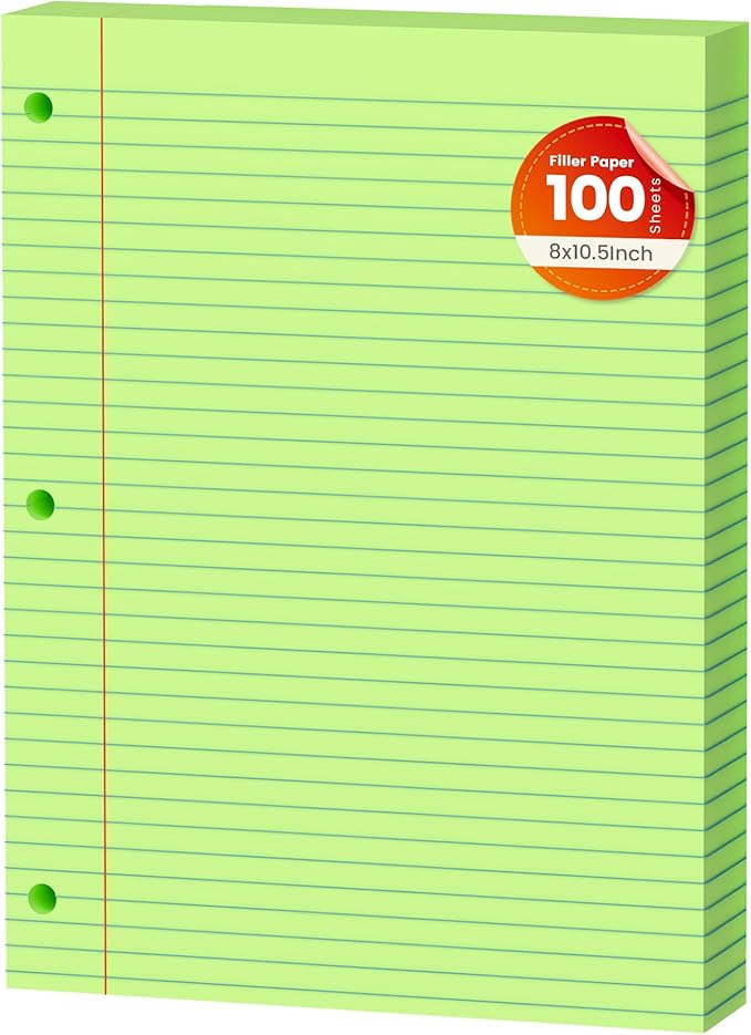 Green Loose Leaf Paper 100 Sheets Colored Filler Paper 8 * 10.5 College Ruled 3-Hole Punched for 3-Ring Binders Notebook Lined 8" x 10.5"