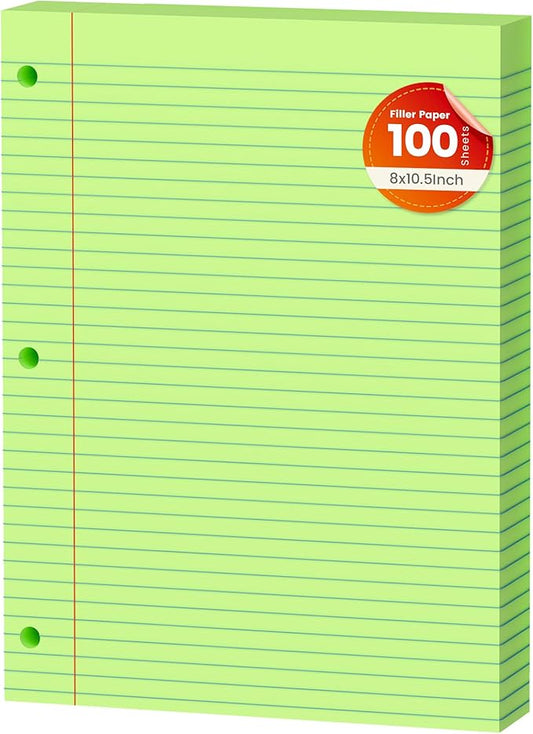 Green Loose Leaf Paper 100 Sheets Colored Filler Paper 8 * 10.5 College Ruled 3-Hole Punched for 3-Ring Binders Notebook Lined 8" x 10.5"