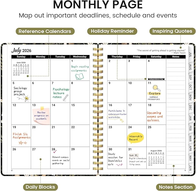 Planner 2026-2027, Academic Monthly and Weekly Calendar Planner for Women, July 2026 - June 2027, Hardcover Pretty Agenda Planner Book with Tabs, Spiral Daily Organizer for School Office Home Supplies, 6.3" x 8.5" - Mushroom