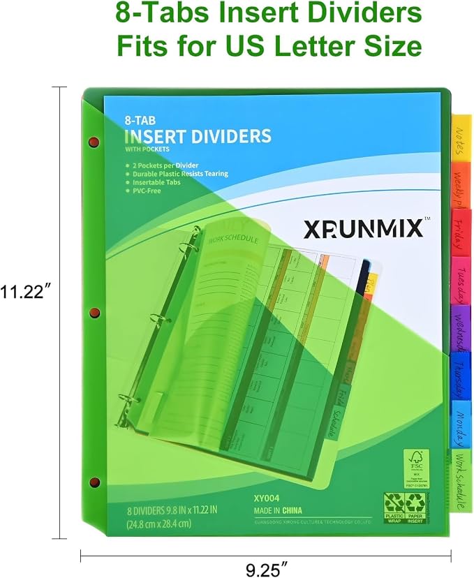 8-Tab Binder Dividers - Index Pockets Divider for 3 Ring Binders, 3-Hole Plastics Sheets Protectors for US Letter Size in 0.5'', 1'', 2'', 3 inch Binders, 8 Colors (XY004) (36 Packs)
