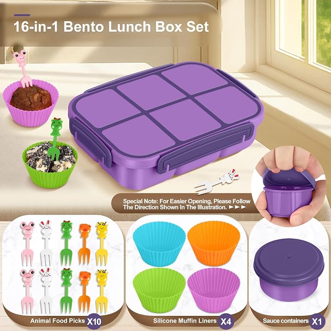 Amathley Lunch Box Kids Girls Boys,Bento Box Adult,Toddler Lunch Containers for School,Leakproof Snack Containers with 6 Compartments,Sauce Container,10 Food Picks and 4 Muffin Cups (Purple)