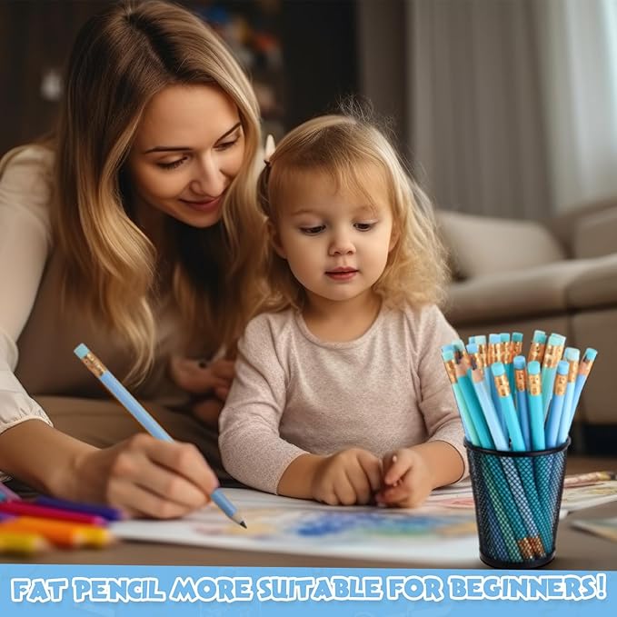 Fainne 48 Pcs Fat Pencils Jumbo Big Thick Large Pencils and 3 Pieces Sharpeners for Kids Beginners Preschoolers Kindergarten School Office Supplies(Turquoise Blue Series,Round)