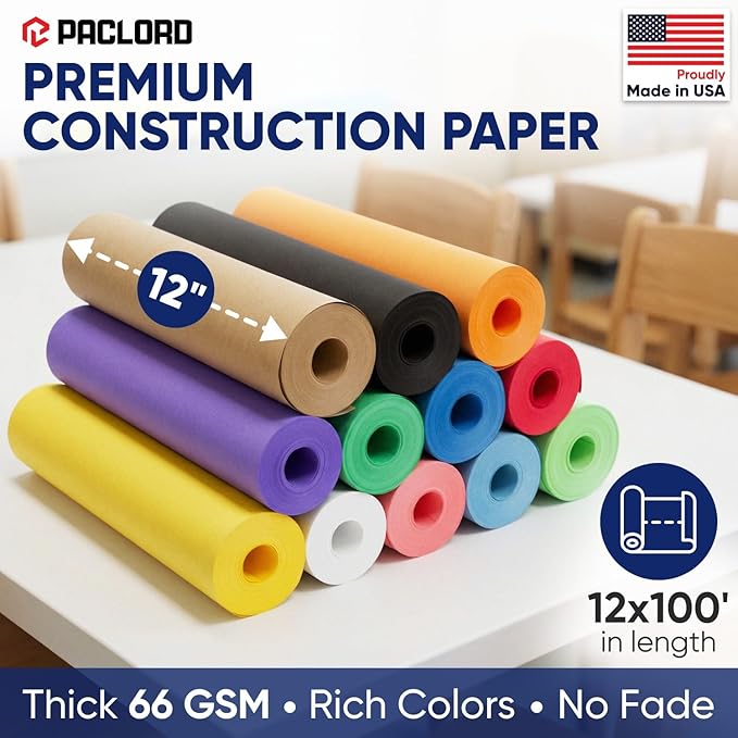 Multi-Color Construction Paper Set 12" x 100 ft – 12 Colors, Made in USA – Bulletin Board Paper for Classrooms, School & Arts Crafts