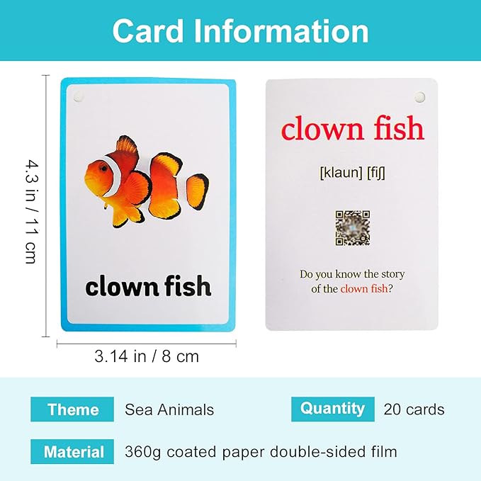 Lilias Sea Animals Flash Cards, Toddler Learning Toys, Preschool Learning Toys, Homeschool Supplies, Learning Supplies for Kindergarten, 4.3 X 3.14 Inch, 20 Cards in Set