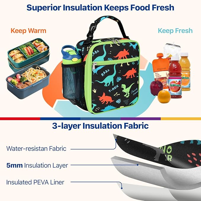 Bagseri Kids Lunch Bag with Shoulder Strap - Insulated Crossbody Boys Lunch Box for School & Travel, Reusable Large Meal Tote with Bottle Holder, Fits Bento Box, Black Dinosaur