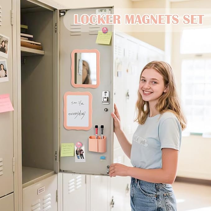 Locker Accessories for Girls Boys with Locker Mirror, Magnetic Whiteboard, Cute Smiley Face Magnets, Back-to-School Locker Decorations, Ideal for Office School Locker (Pink Locker Decor Set)