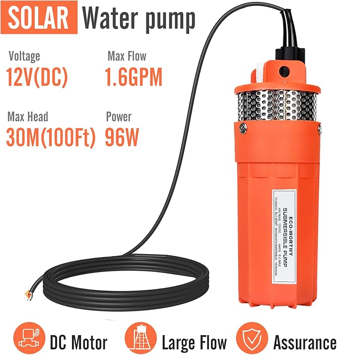 ECO-WORTHY 12V DC Submersible Well Water Pump with 10ft Cable, Water Flow 1.6GPM, Max Lift 100ft/30m, 96W Deep Well Pump for Irrigation, farm, ranch, home