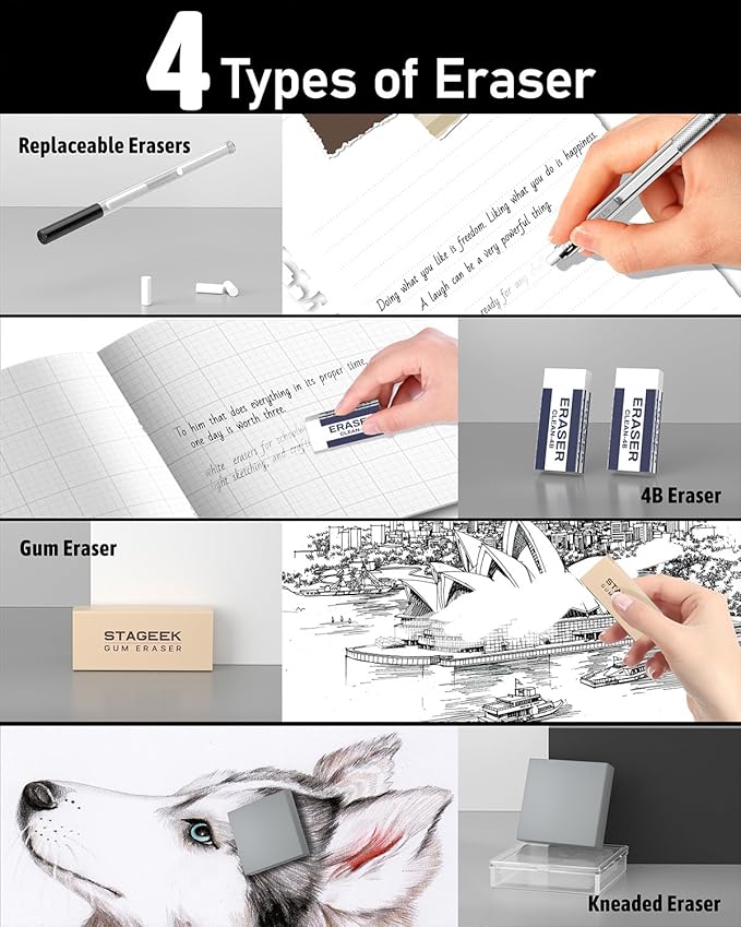 STAGEEK 21PCS Metal Mechanical Pencil Set, Art Lead Pencil 0.3, 0.5, 0.7, 0.9, 2mm Holder(HB 2H 2B 4B Color) with 10 Tubes Graphite Lead Refills Eraser with Case for Drafting Drawing Sketching