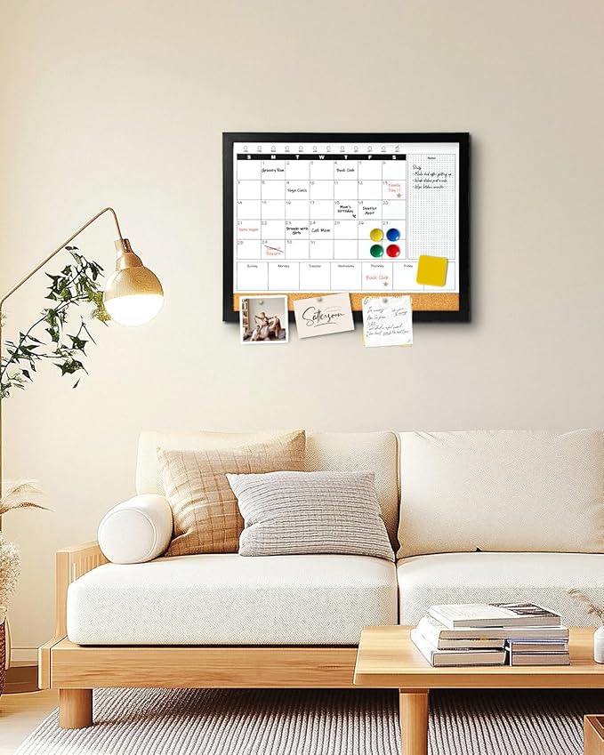 Dry Erase Calendar Whiteboard for Wall, 4-in-1 Magnetic Monthly Whiteboard with Wooden Framed, 17" x 13", Reusable Monthly Combination Planner Board for Home, Office, Classroom