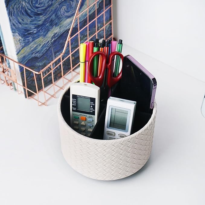 Round Leather Art Supply Organizer,Remote Control Holder,360 Degree Spinning,Multi-Functional Pencil Holder,4 Compartments Desktop Stationary Organizer(1-Weave White)