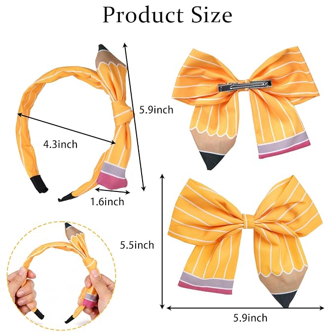 2 Pcs First Day Back to School Pencil Hair Accessories for Girls Teacheres | Pencil Bow Clip Headband for Girls,School Uniform Hair Bows,Back to School Supplies,for School Outfits,Adorable Accessory