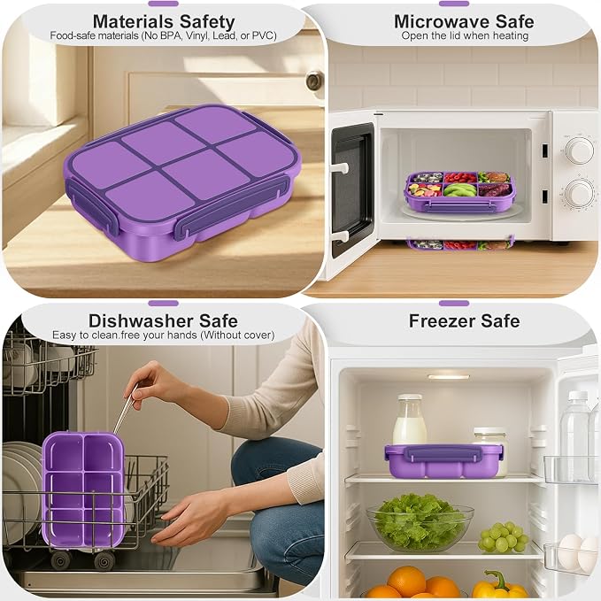 Amathley Lunch Box Kids Girls Boys,Bento Box Adult,Toddler Lunch Containers for School,Leakproof Snack Containers with 6 Compartments,Sauce Container,10 Food Picks and 4 Muffin Cups (Purple)