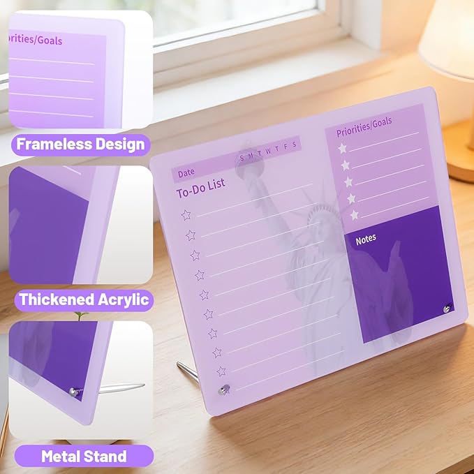 LeMotech Desktop Acrylic Dry Erase Board, 12x10 inches to-Do List Planner, Tabletop Whiteboard with Stand Office Supplies Includes 2 Markers & 1 Eraser, Purple Statue of Liberty Pattern, 1 Pack