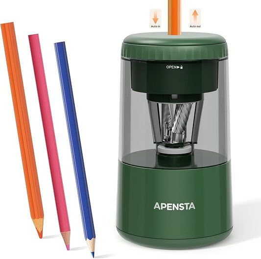Electric Pencil Sharpener with Adjustable Tip Thickness, Auto Stop, Type-C Rechargeable, for Wooden, Colored Pencils (7–8mm), Portable Design for Home, Office & School, Green