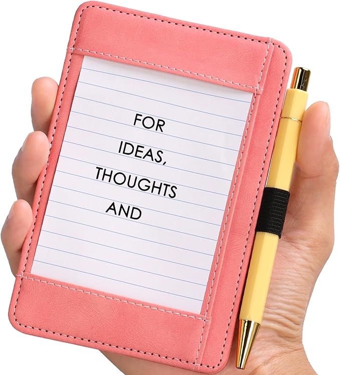 Leather Index Card Holder 3.8x6 Pink 3 x 5 PU Card Wallet Portable Pocket Notepad Holder with 25 Lined Sheets Mini Note Card Holder Writing Case with Card Slot Note Card Case for Record Sports No Pen