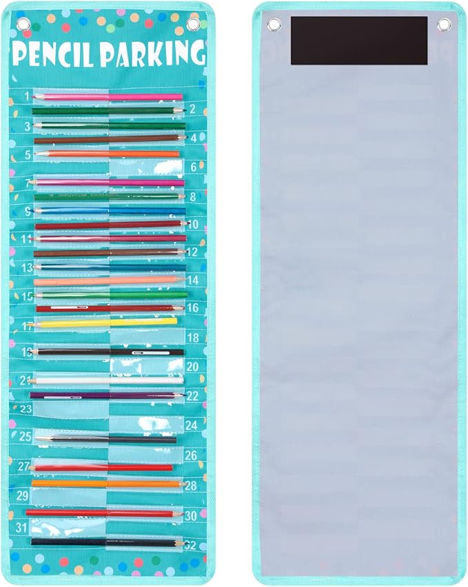Sabary Pencil Parking Pocket for Classroom,Hanging Pencil Holder Wall Organization Numbered pencils Dispenser with Magnetic Strip Grommets for Back to School Student Essentials(Bright)