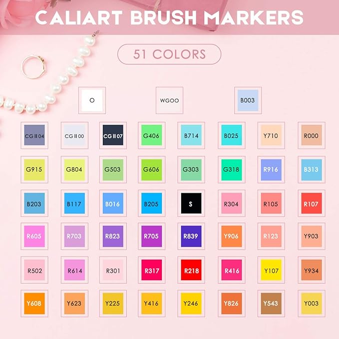 Caliart Alcohol Markers Brush Tip, 51 Colors Dual Tip Artists Coloring Markers Set Brush & Chisel, Permanent Alcohol Based Colored Sketch Pens, Art Supplies Gifts for Adults Drawing Illustration