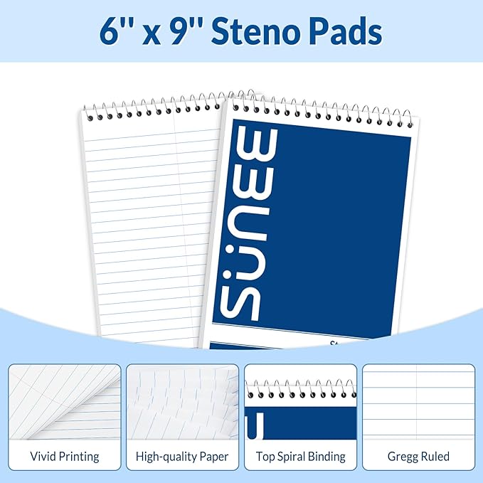 SUNEE Steno Pads 6x9 5 Pack, Gregg Rule, 60 Sheets, White Paper, Take Notes with Top Spiral Notebook, for School, University, College, Work, Office, Classic Color