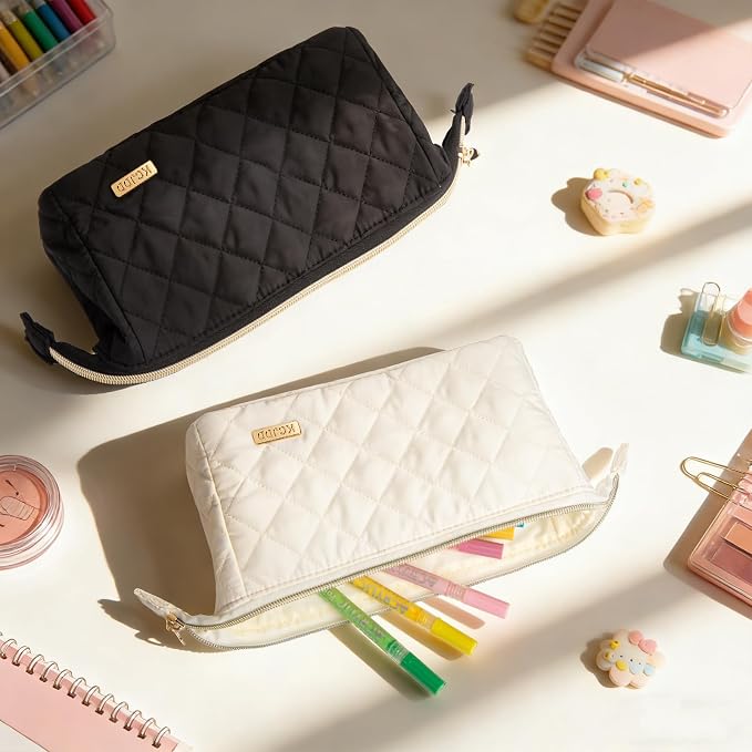 Cute Pencil Case for Girls kids Soft Quilted Pencil Pouch Bag Organizer | Wide Opening Big Marker Crayon Storage Bag Large Double Zipper Art Aesthetic Pen Bag Case Pouch For Kids School College Boys