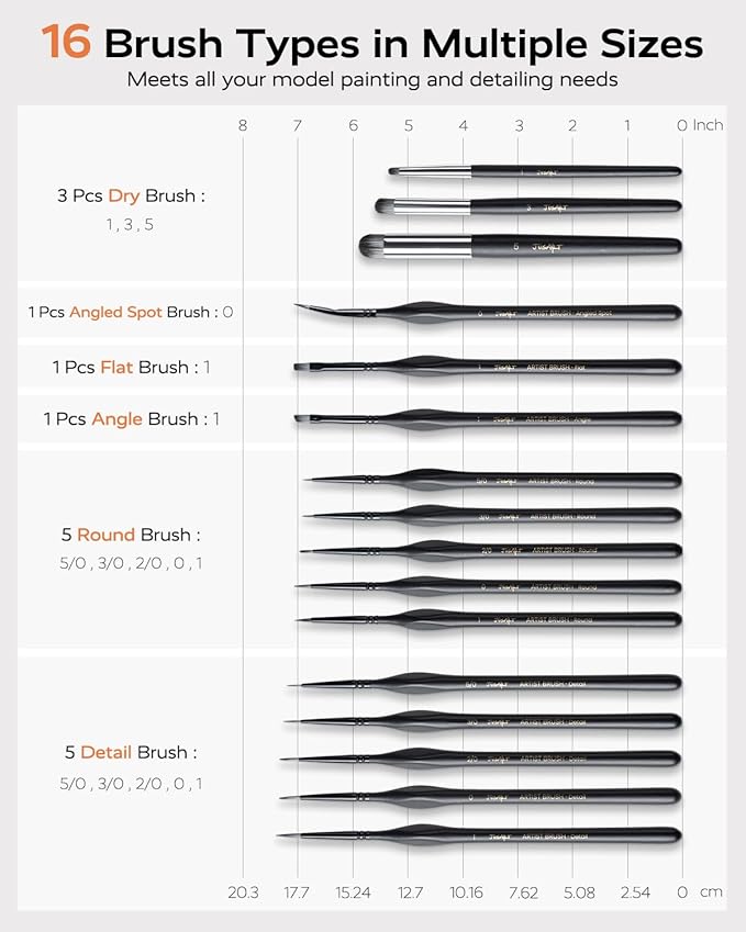 JusArt 16-Piece Detail Paint Brush Set, Miniature Paint Brushes for Models, Acrylic Oil Watercolor, Professional Fine Detail Brushes for Adults & Miniature Painters