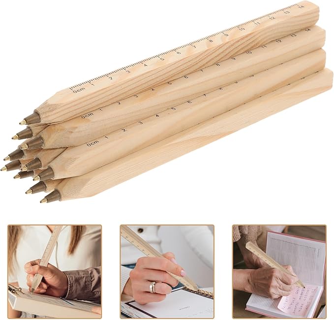 Alipis 12pcs Biodegradable Solid Wood Black Ballpoint Pens with Printed Ruler Scale, Carpenter Marking Pens for Office and School Use