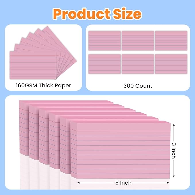 300PCS Index Cards 3 x 5 Inch, Pink Flash Cards, Lined Flashcards Notecards, Flash Cards for Studying, Ruled Front and Blank Back, Note Cards for Office, Home and School