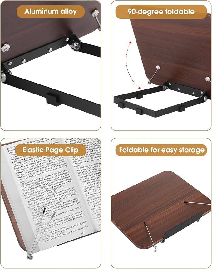 Honagu Desk Book Stand, Reading Rest Holder, Angle Adjustable for Textbooks, Documents, Cookbooks, Music Books, Tablets, Recipes (Brown Wood)