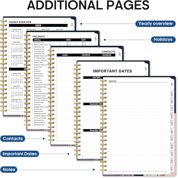 Planner 2026–2027, Academic Monthly Weekly Spiral Calendar, July 2026 – June 2027, Hardcover Agenda Notebook with Tabs, 6.3" x 8.5", Perfect for Students, Teachers, School & Daily Planning - Midnight Blooms