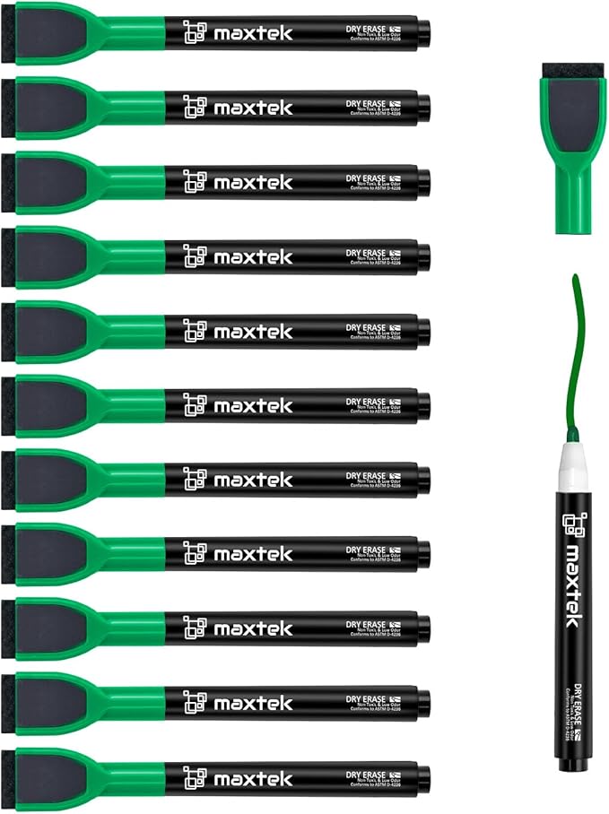 maxtek Magnetic Whiteboard Markers - 12 Count Green Fine Tip Dry Erase Markers with Eraser for Kids, Low Odor Thin Markers for Calendar Boards