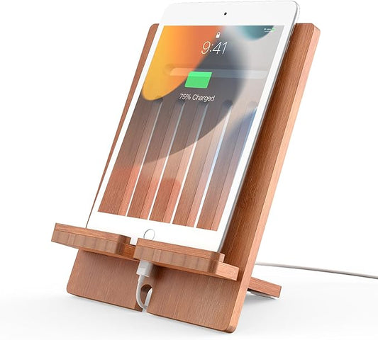 Pezin & Hulin Bamboo Tablet Stand Adjustable, Desktop Cell Phone Stand Holder Dock Compatible with Pad Air/Pro/Mini, E-Reader, Smartphone (Support to 4.7-13" Devices)-Brown