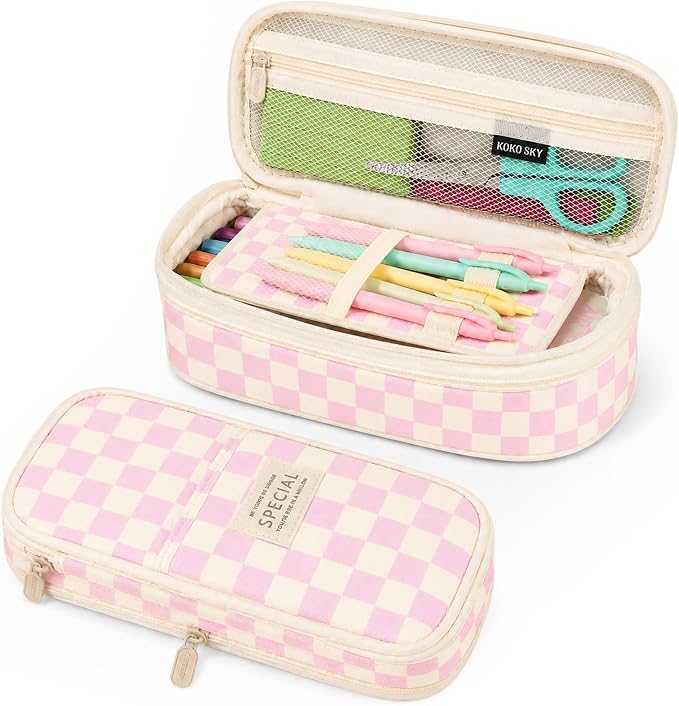 Pencil Case, Large Capacity Aesthetic Pencil Cases with Durable Zipper, Big Stationery Pencil Pouch for Women & Men , Adults Portable Storage Organizer Bag for College, Office, Travel (Pink Grid)