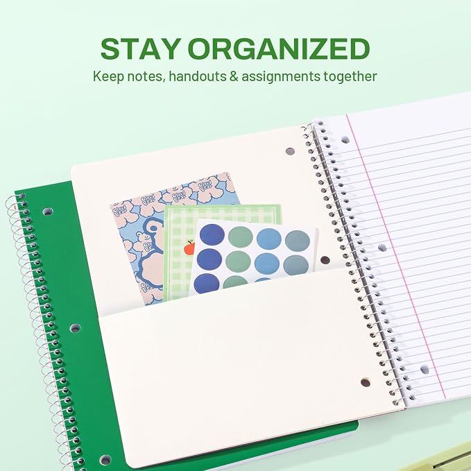 SUNEE Spiral Notebook, 1-Subject, College Ruled Paper, 8" x 10-1/2", 100 Sheets per Notebook, 3-Hole Punched Paper, Water Resistant Cover, Double-sided Pockets, Dark Green