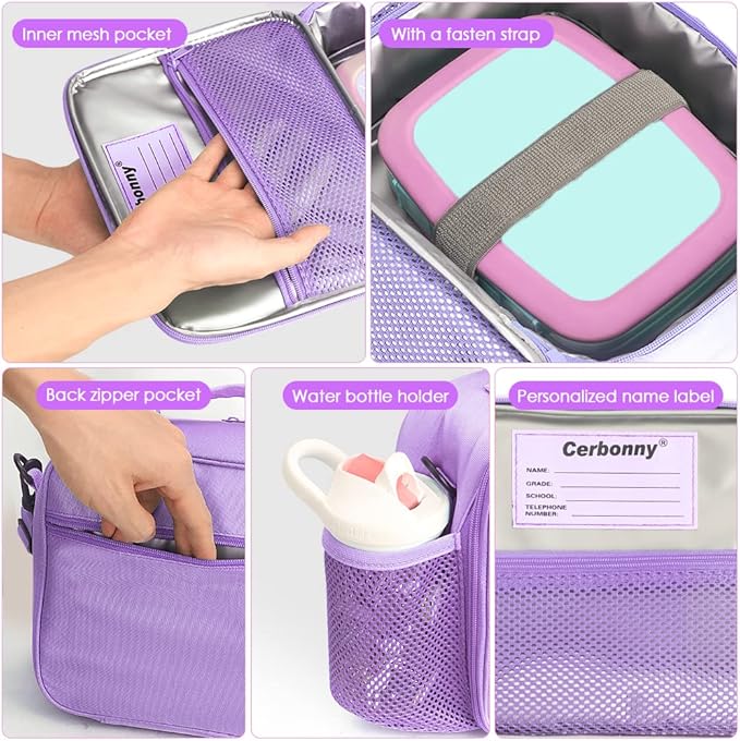 Cerbonny Kids Lunch Bag - Insulated Lunch Box for Girls & Toddlers, Keeps Food Cold & Warm, Purple